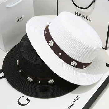2023 Летние Шляпы Для Женщин С Плоским Верхом, Жемчужная Соломенная Шляпа, Летняя Шляпа Для Пикника С Зонтиком, Элегантная Пляжная Шляпа Chapeu Panama Femino