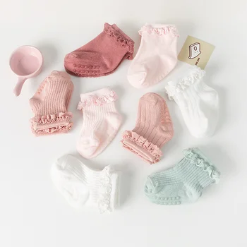 3 Пары / лот, Детские носки, Носки для новорожденных, Хлопковые Однотонные Носки с кружевными оборками, Носки для новорожденных, Носки для девочек, Аксессуары для одежды