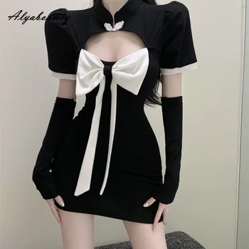 Японское Летнее женское уличное платье Harajuku, Черное мини-платье с воротником-стойкой и бантом, сексуальное готическое платье Y2k, открытое Короткое платье трапециевидной формы
