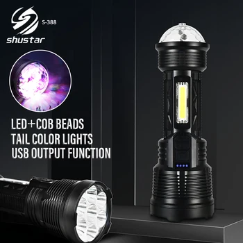 Мощный 7-ми светодиодный фонарик, перезаряжаемый через USB, красочный сценический светильник с боковым светом COB, водонепроницаемый фонарь для кемпинга и рыбалки