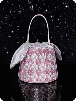 Розовая хрустальная сумка через плечо в клетку через плечо Женщина 2023 Новый Роскошный дизайн Серебряное Лоскутное Ведро Горный Хрусталь Цилиндр Вечернее платье