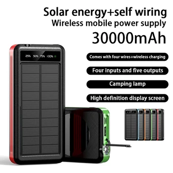 Солнечный Аккумулятор емкостью 30000mAh С Беспроводной Зарядкой, Встроенные Кабели С 2 Портами USB, Для Мобильного Телефона, Ноутбука, Со Светодиодной подсветкой
