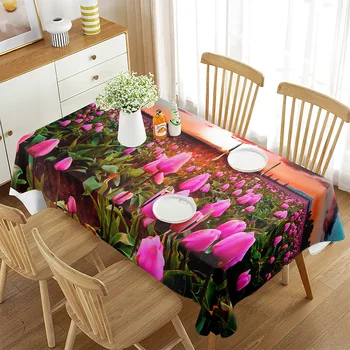 Скатерть-тюльпан с 3D рисунком розового цветка и растения, Прямоугольная крышка стола для кухни, гостиной, столовой, украшения для домашнего пикника