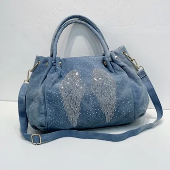 Новая женская сумка, повседневная джинсовая сумка через плечо, роскошная дизайнерская сумка для отдыха, инкрустированная бриллиантами, большой емкости