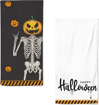 Украшения для Хэллоуина, кухонные полотенца, набор из 2 полотенец для рук со скелетом, кухонное полотенце с черепом для ванной, кухонный декор для дома