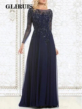 Самые продаваемые элегантные темно-синие платья для матери невесты 2022 года, шифон, прозрачный, с длинным рукавом, с аппликацией на шее, блестки