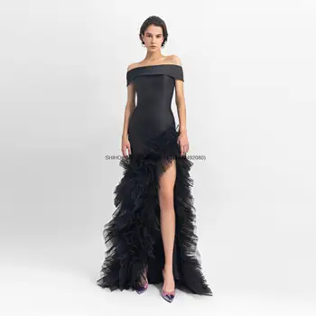 Элегантные черные асимметричные длинные платья макси с разрезом на бретелях и оборках, вечерние платья для вечеринок, скромное женское платье
