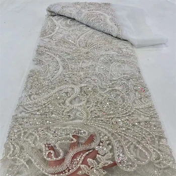 Высококачественная французская вышивка из бисера, кружевная ткань в африканском нигерийском стиле с блестками, ткань для свадебного платья WS400