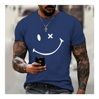 Новая простая и удобная мужская футболка с круглым вырезом и 3D принтом Улыбающегося Лица, Топ с коротким рукавом Для мальчиков, Летняя Повседневная Модная Мужская футболка