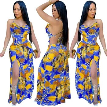 Сексуальные Африканские Платья Дашики с Открытой спиной для Женщин в Богемном Стиле 2022, Новое Модное Платье Макси с Высоким Разрезом, Женская Африканская Одежда