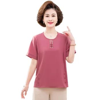 Футболка с вышивкой в стиле ретро, женские летние футболки с коротким рукавом и пуговицами, женские футболки с круглым вырезом, свободная женская одежда в корейском стиле, футболка