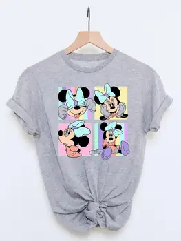 Летняя одежда Disney с модным принтом, футболка с Микки Маусом, женская футболка с короткими рукавами и бантом в клетку, милые графические футболки 90-х