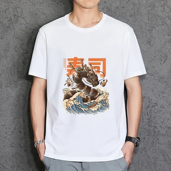 Топы в японском стиле Ukiyo E Sushi Dragon, мужские удобные футболки с круглым вырезом, шикарные хлопковые футболки Harajuku с коротким рукавом, мужские