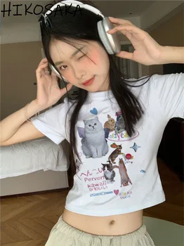 Корейские шикарные милые футболки с мультяшным принтом, винтажный топ Aesthetuc Y2k в американском стиле, женская тонкая футболка с круглым вырезом и короткими рукавами