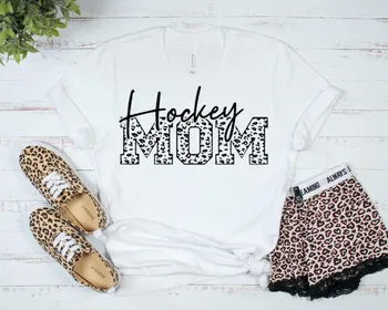 хоккейная рубашка ockey Mom с принтом леопардового гепарда, футболки с коротким рукавом Hockey Mama с круглым вырезом из 100% хлопка, модная уличная одежда