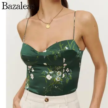 2023 bazaleas store traf 203's Camisole Тонкий Летний Укороченный Топ Для Вечеринок, Эластичные Зеленые Майки С Принтом Флоры, женская одежда official
