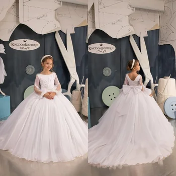 Белое бальное платье с цветочным узором для особого случая, платье с длинными рукавами для Первого причастия, вечеринка подружек невесты, свадьба