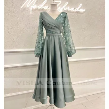 Элегантное вечернее платье из Дубая 2023, пышное Мусульманское платье с длинным рукавом, расшитое бисером, тюлевые атласные вечерние платья для свадьбы, вечерние платья для ужина, халат