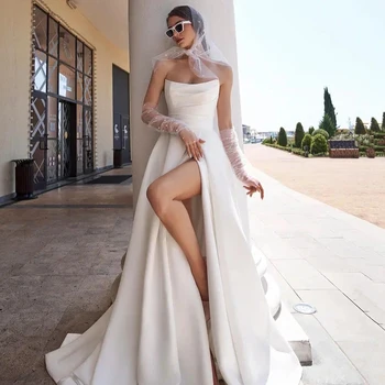 Свадебное вечернее платье Vestido без бретелек для женщин, белые макси-платья со шлейфом, Сексуальное платье для выпускного вечера с высоким разрезом.