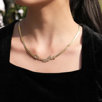 Ожерелье BLING KING в елочку из нержавеющей стали, стразы со льдом, Именная подвеска с 4 мм плоской цепочкой-змейкой для женщин