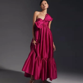Ярко-розовая женская одежда трапециевидной формы с оборками на одно плечо Длиной до щиколоток, длинное платье цвета фуксии для выпускного вечера, Элегантные вечерние платья с большим бантом