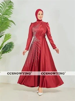 Вечерние платья мусульманского Хиджаба из красного атласа, расшитого бисером, в арабском Дубае, с длинным рукавом и высоким воротом, вечернее платье трапециевидной формы, Вечерние халаты