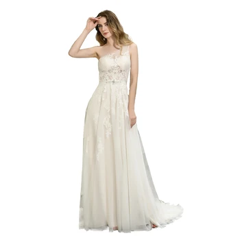 Элегантное свадебное платье на одно плечо из тюля с кружевной аппликацией, длинное свадебное платье трапециевидной формы, реальный образец