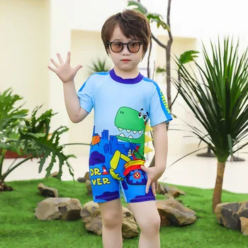 Маленький мальчик с пляжа Хот-Спрингс, цельный плоский угол, короткий рукав, мультяшный студенческий милый купальный костюм с рисунком динозавра