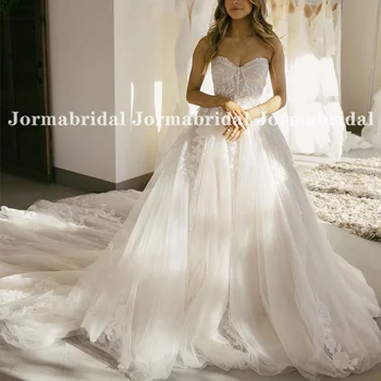 Очаровательное свадебное платье трапециевидной формы с глубоким вырезом, корсетный лиф, кружевные аппликации, длинный шлейф, церковные свадебные платья, vestido de noiva