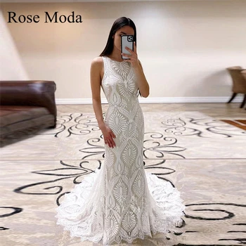 Rose Moda Кружевные свадебные платья без рукавов с круглым вырезом и открытой спиной в стиле бохо Реальные фотографии