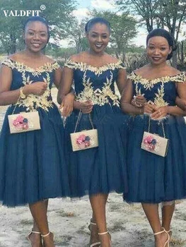 Короткие темно-синие платья подружек невесты 2022 для чернокожих девушек с золотыми аппликациями Vestido De Fiesta De Boda