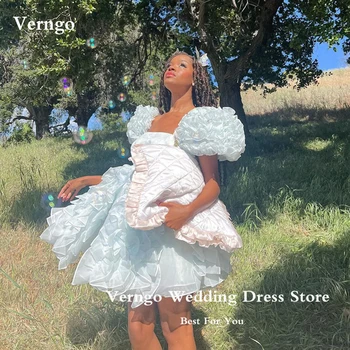 Verngo 2023 Светло-зеленые Короткие платья для выпускного вечера с оборками, пышные рукава принцессы, мини-коктейльное платье из органзы, летняя юбка для косплея.