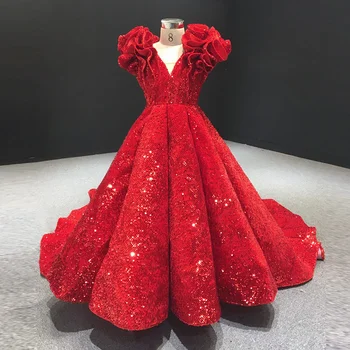 Красные мини-пышные платья Charro, бальное платье с V-образным вырезом, блестки, платья для девочек в цветочек, для свадеб, Мексиканские нарядные платья для малышей