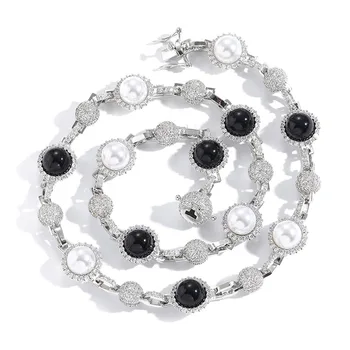 Хип-Хоп 5A + CZ Камень Проложенный Bling Ice Out Белый Черный Жемчуг Бусины Звено Цепи Ожерелье для мужчин Женщин Унисекс Рэппер Ювелирные Изделия Подарок