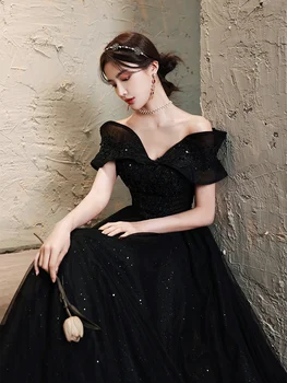вечернее платье Банкетное Вечернее платье 2023 Новое Черное платье На Одно плечо В стиле Французского Длинного платья