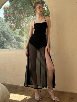 Easysmall Чисто сексуальное элегантное сетчатое подвесное платье с открытой спиной, дизайн кружевных складок для облегающего праздничного длинного платья с разрезом на бедрах