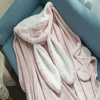 Плюшевое постельное белье с заячьими ушками, флисовое одеяло из овечьей шерсти для родителей и детей, зимняя пушистая шаль с капюшоном, Теплые удобные одеяла для носки