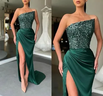 Сексуальные темно-зеленые платья русалки больших размеров для выпускного вечера, длинные для женщин, атласные платья с разрезом по бокам, складки на спине, драпированные вечерние платья