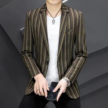Мужской хлопчатобумажный льняной костюм, весенний полосатый узор, повседневные серые блейзеры, мужское деловое черное пальто с длинным рукавом, Terno Masculino