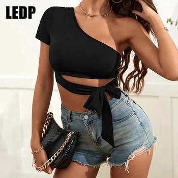 Сексуальные трикотажные футболки с коротким рукавом на одно плечо для женщин, летний черный укороченный топ, уличная одежда, клубные топы, футболки, женская одежда