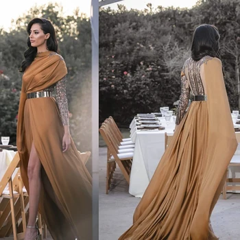 Шарон Саид Роскошное Арабское Оранжево-коричневое вечернее платье с длинным рукавом и накидкой Дубай, расшитое бисером, Элегантные женские свадебные платья SS456