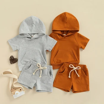 FOCUSNORM 0-24 м, повседневные летние комплекты одежды для маленьких мальчиков, 2 предмета, Однотонные топы с капюшоном и карманами с коротким рукавом + Шорты