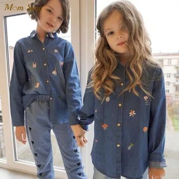 Модная джинсовая рубашка с мультяшной вышивкой для маленьких девочек и мальчиков, хлопковые детские джинсовые блузки, однотонная весенне-осенняя одежда для малышей от 2 до 14 лет