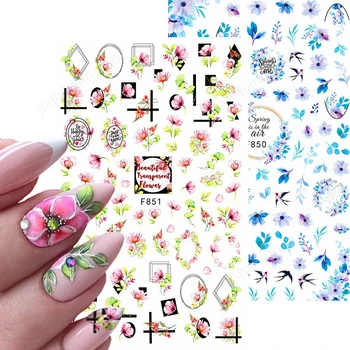 3D Весенне-летние наклейки с цветами для дизайна ногтей, геометрические синие листья, наклейки с дизайном маргаритки, Цветущая Сакура, Фольга для ногтей, Аксессуары