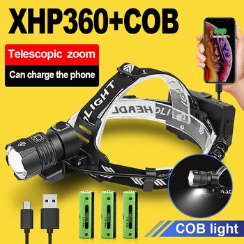 XHP360 Мощная светодиодная фара USB Перезаряжаемый головной фонарь XHP90 Сверхяркая фара высокой мощности 18650 Водонепроницаемый головной фонарик