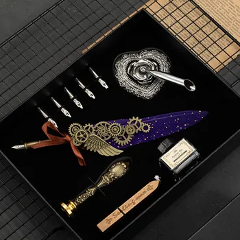 Антикварный набор перьевых ручек со сменными наконечниками, флакон с черными чернилами, восковая печать, штамп, подходящий для подписей в стиле готической каллиграфии