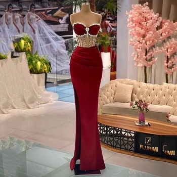 Вечернее платье ANGELSBRIDEP в виде русалки бордового цвета с разрезом по бокам, платья для выпускного вечера, арабские вечерние платья знаменитостей