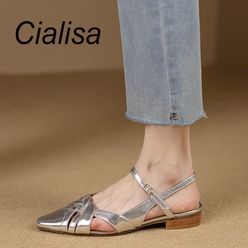 Женские босоножки на плоской подошве Cialisa 2023, летняя обувь, модное вечернее платье с острым носком, Серебристая Повседневная обувь из натуральной кожи на низком каблуке 40 г.