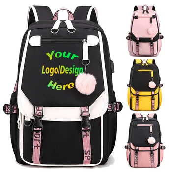Настройте Индивидуальный дизайн печати, Школьную сумку с логотипом для девочки, сумку для книг для мальчика, Модный Черно-розовый рюкзак, Школьный подарок для студентов