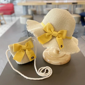 Летняя Детская Соломенная шляпа и сумка для девочек, Пляжная детская Рыбацкая шляпа с большими полями, Милая Солнцезащитная шляпа, Детская Гибкая Панама